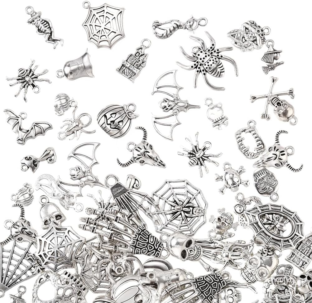 1 Box 66Pcs Halloween Silver Charms Skull Bone Charms Bulk Random Styles Alloy Vintage Web Ghost Pumpkin Skeleton Pendants for Jewelry Making Findings DIY Crafts Adults Decorations