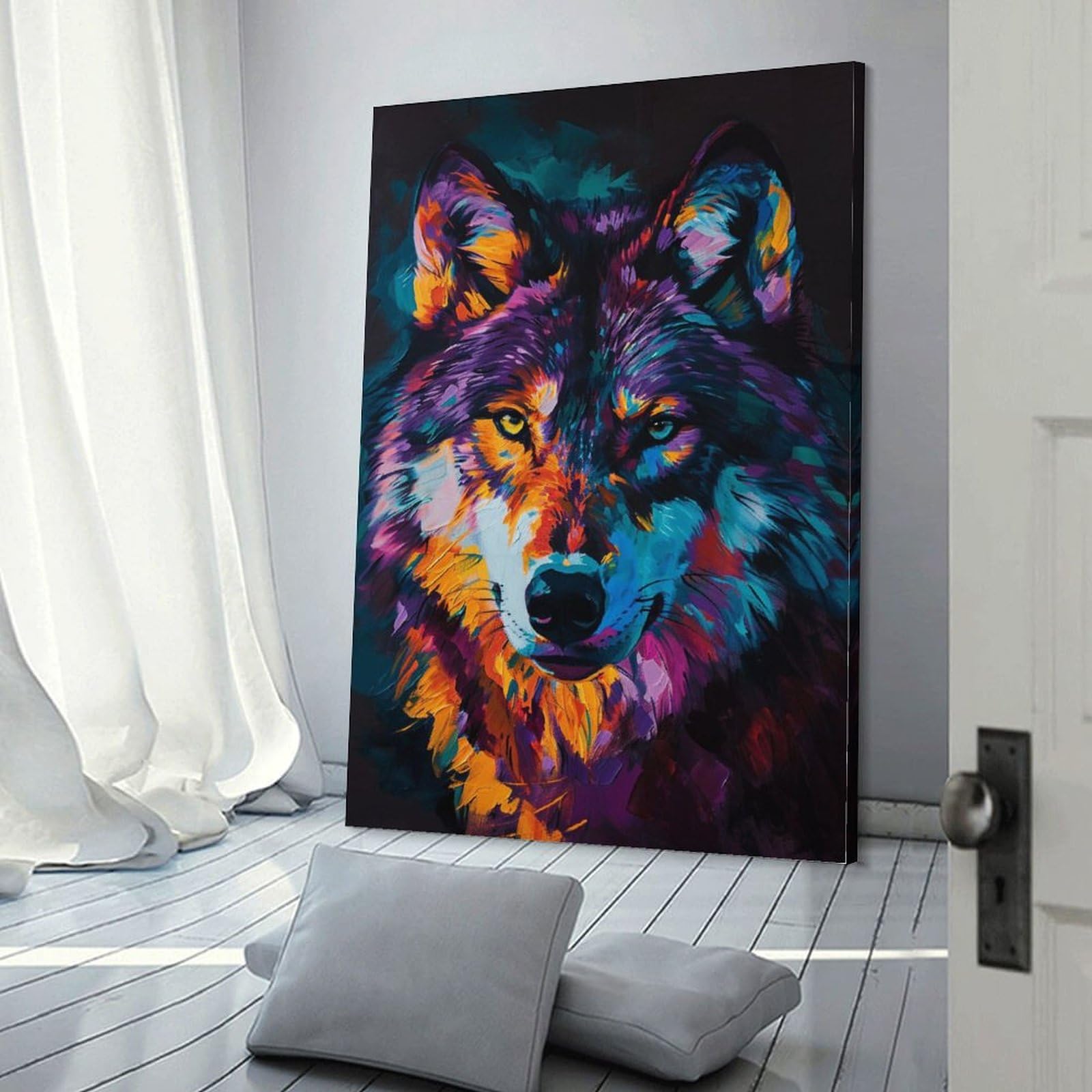 元旦セール　赤坂三好　版画版　 オオカミの絵 木製フレーム Amazon.co.jp: ベージュ オオカミ 絵 壁飾り:木製フレーム入り 動物画