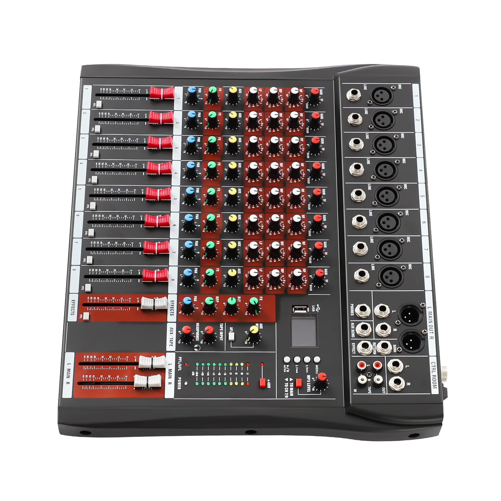 Mixer professionale a 8 canali, mixer audio, mixer audio professionale a 8 canali, mixer con Bluetooth, indicatore LED, alimentazione phantom da 48 V, alloggiamento in metallo, colore nero