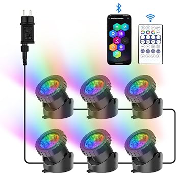 NATPOW Pond Lighting LED Underwater Underwater Lighting RGB Underwater Pond Light with Bluetooth App Remote Control IP68 Waterproof Garden Lighting for Garden Patio Tree 6 in 1 [Energy Class A]