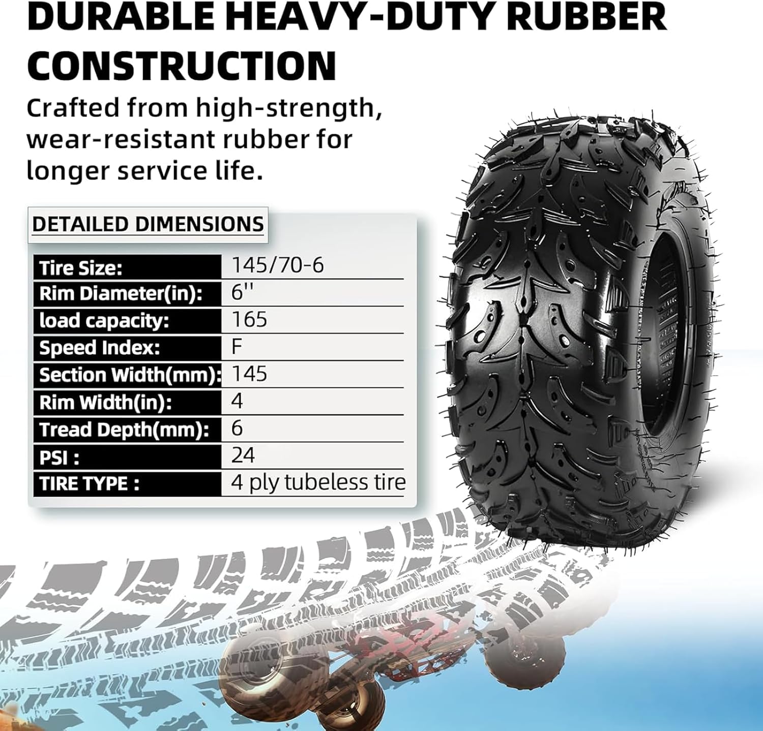 AR-PRO 145/70-6 Tires for ATV & Go-Kart Mini Bike, 4PR Tubeless Tires 145 70-6 Perfect for Quad ATVs, UTVs, Go-Karts and Golf Carts (1-Pack)