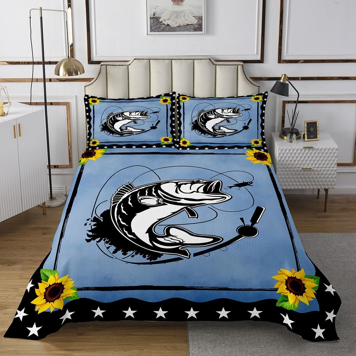 Erosebridal Koi Fish Bedspread Black White Carp Quilted for Man Woman,Red Sun Blossom Floral Coverlet Set Japanese Style Ethnic Kawaii Quilt Set King,Ukiyoe Ink and Water Painting Room Decor