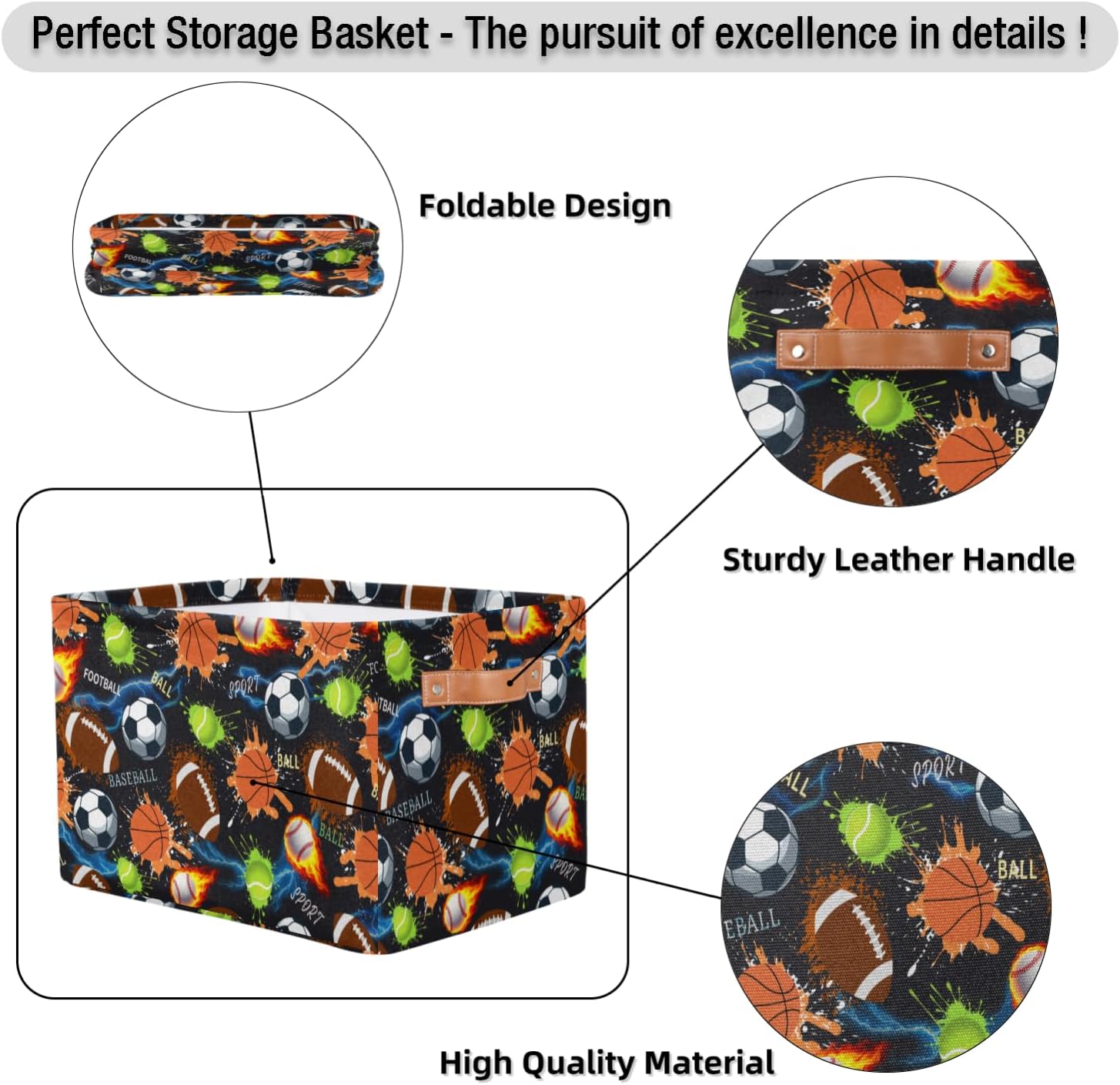 Sports Ball Storage Basket, Cool Basketball Football Soccer Print Fabric Organizer with Leather Handles, Foldable Bin for Boys Room, Sports Gear, Clothes, Bedroom, Game Room, Present for Sports Fans