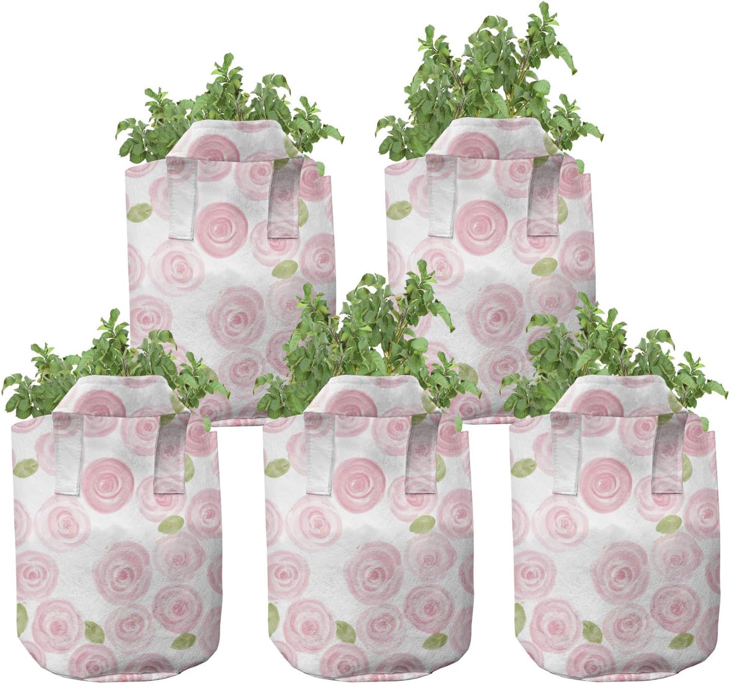 Ambesonne Flower Grow Bags 5-Pack, Bridal Roses Field Art, Heavyduty Fabric Pots with Handles for Plants, 5 Gallon, Pale Pink Pale Green