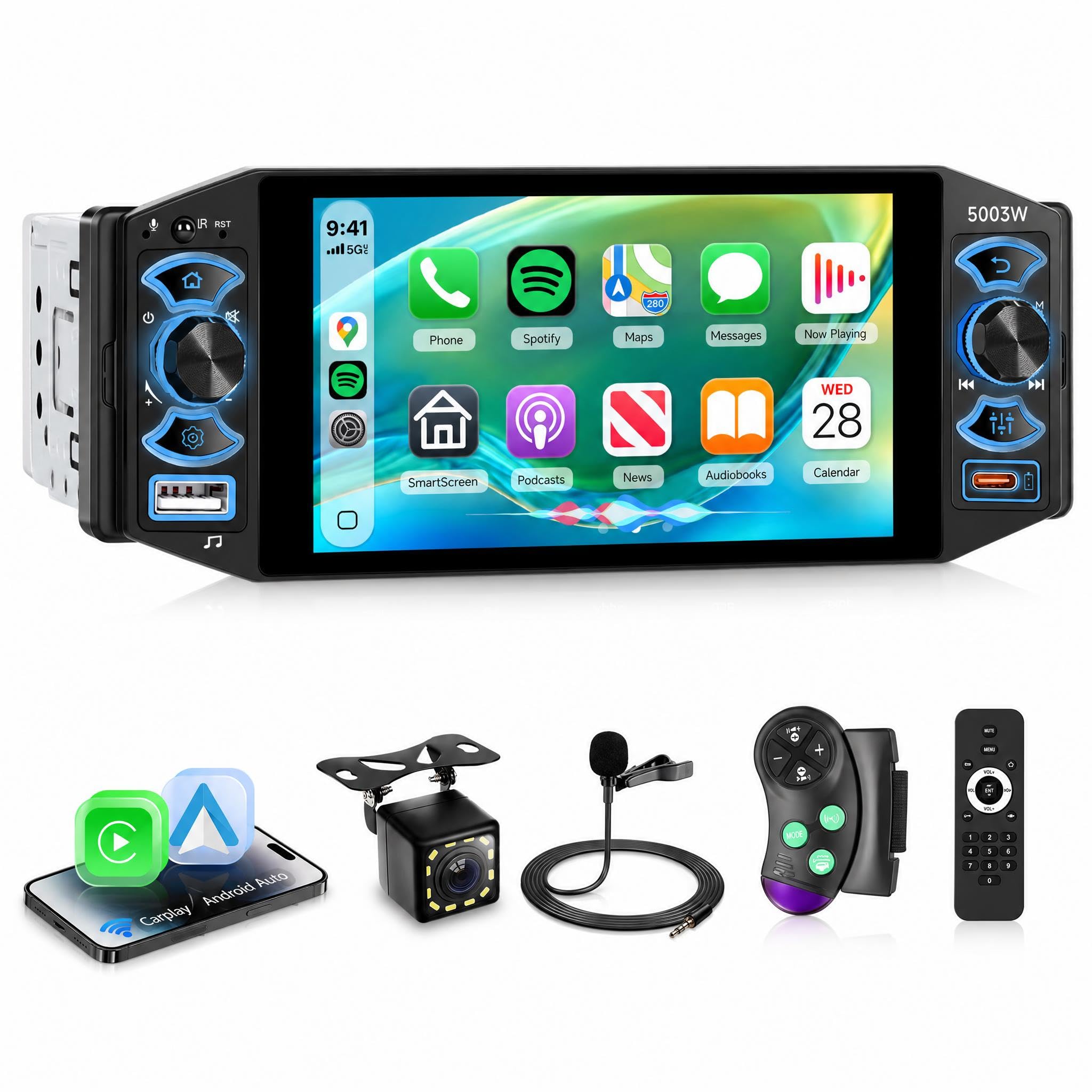 Rimoody Autoradio 1 Din con Wireless Carplay Android Auto Bluetooth 5.2 FM/AM/RDS, 5 Pollici Touchscreen Radio con iOS/Android Mirror Link USB/AUX/EQ/Tipo C Comandi al Volante Telecamera Posteriore