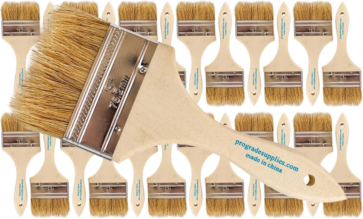Pro Grade 3" Chip Brushes, Disposable Paint Brushes, for Epoxy, 24 Pack | Natural bristle, wood handle | Value Pack | For Resin & Deck Coatings | Cabinets, Furniture, Fences