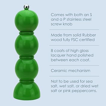 Addison Ross Bobbin Salt or Pepper Mill – Easy Twist Ceramic Grinder – Sustainable Rubber Wood – Modern Design – Ideal Wedding Gifts or Housewarming Gift – Kitchen Accessories – Leaf – 24cm