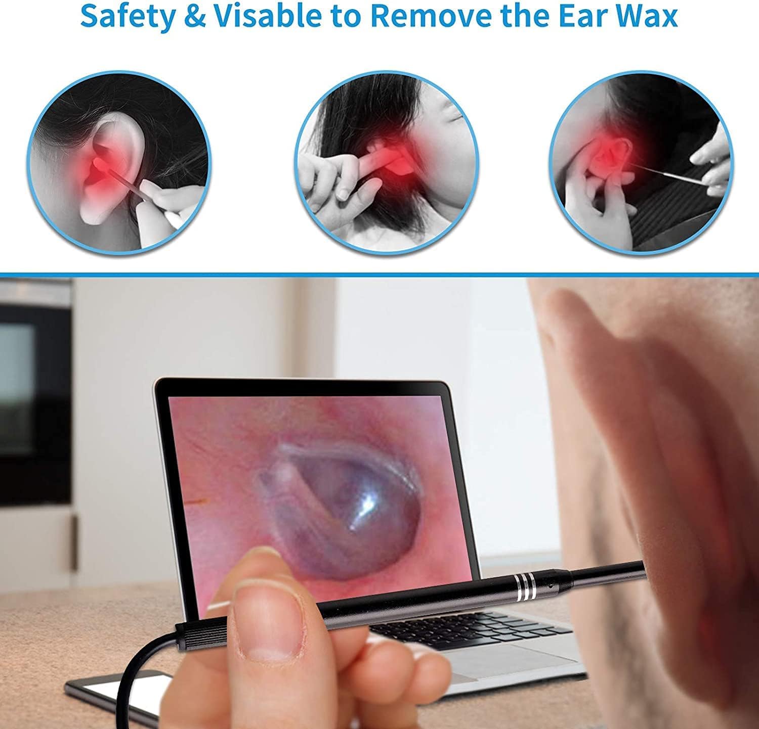 Otoscopio USB 3 en 1, Mini cámara Visual Mejorada de 5.5 mm de diámetro, endoscopio de oído HD con Herramienta de Limpieza de Cerumen y 6 Luces LED Ajustables para OTG Android, Windows y Mac.