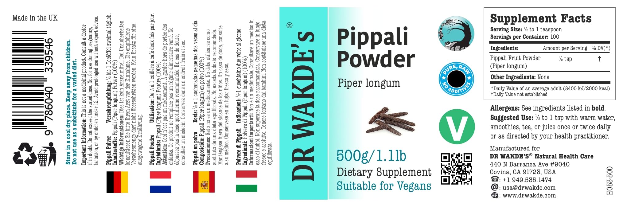 DR WAKDE'S® Pippali Pulver (Piper longum/Long Pepper) - 500g (1.1lb) I 100% Kräuter I Ayurvedische Nahrungsergänzung