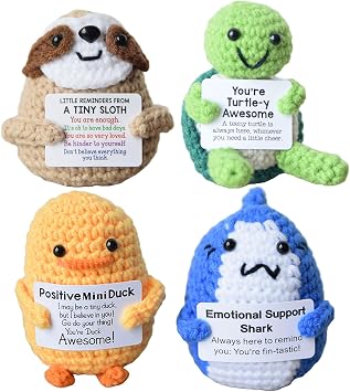 JoyChoi Mini Cute Positive Crochet Animals - Inspirational Gifts for Mental Health & Emotional Support - Handmade Shark, Turtle, Duck & Sloth for Women, Men, Birthday, Graduation & Christmas Decor