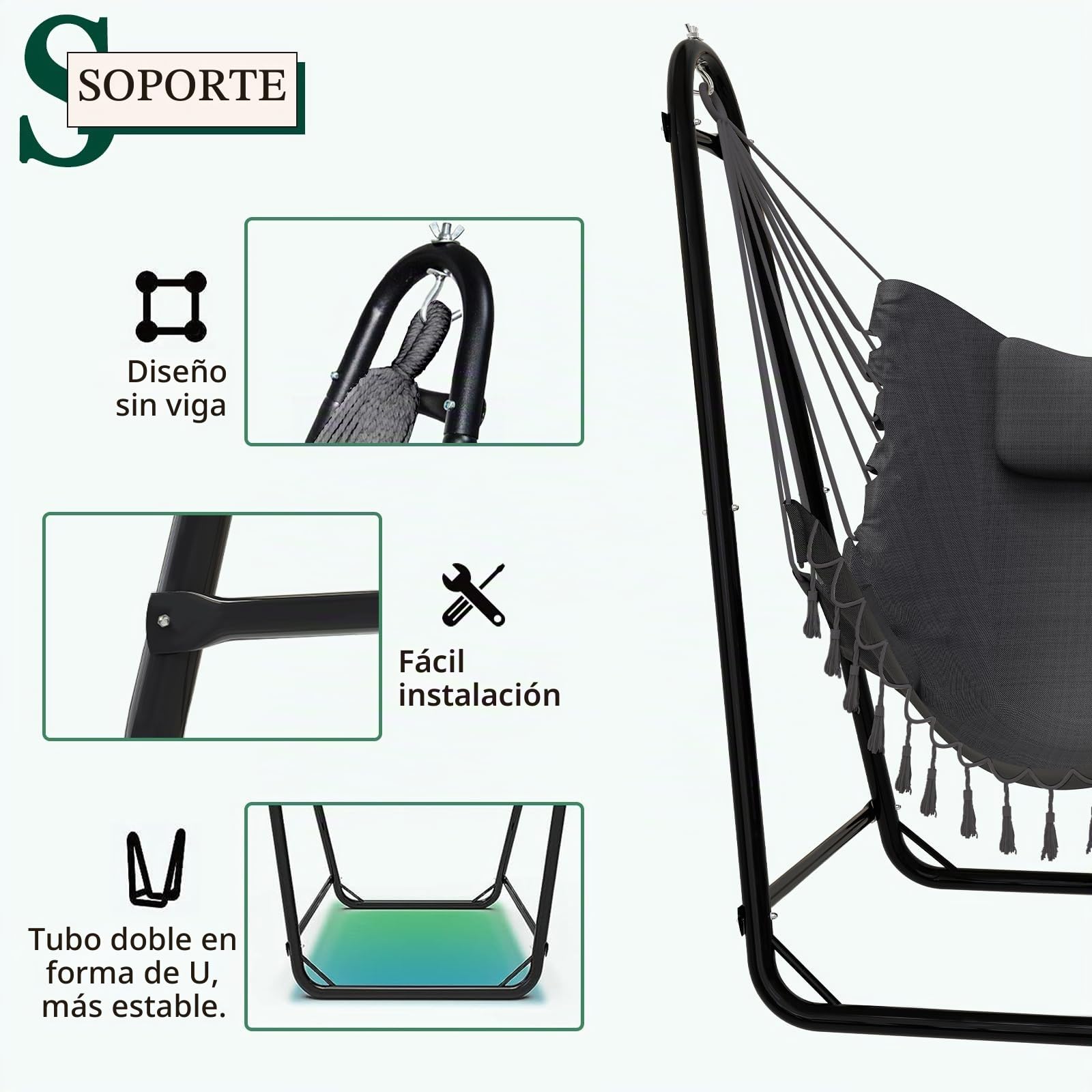 Hamaca única en forma de U con soporte, resistente y resistente al óxido, silla hamaca de algodón gris