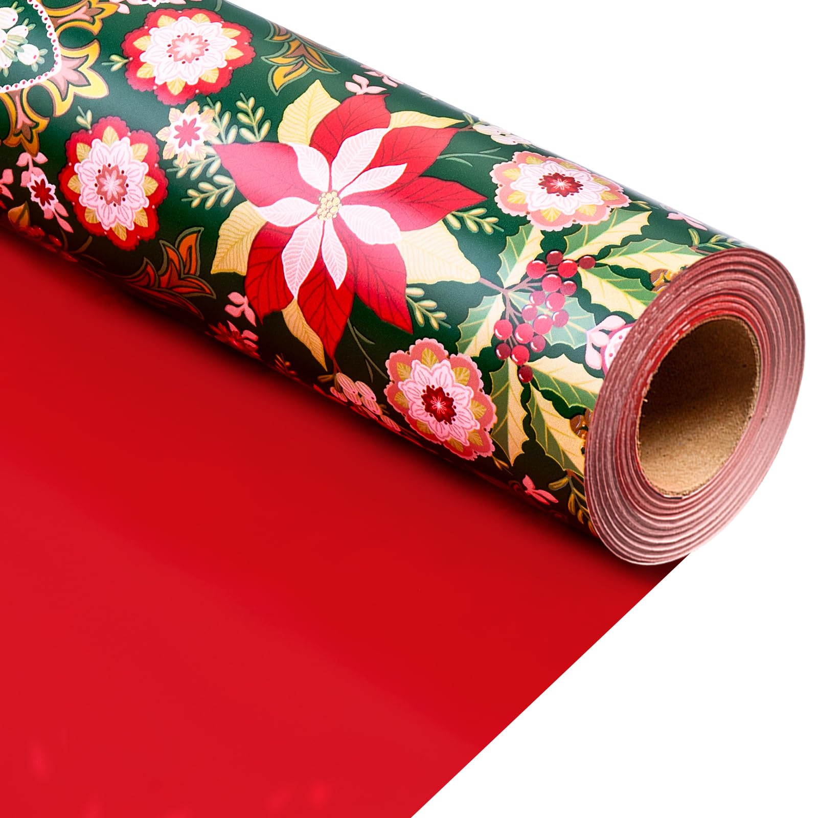 MAYPLUSS Reversible Christmas Wrapping Paper - 17 Inch X 33 Feet -Colorful Poinsettias, Holly Berries, Winter Greens Rustic Botanical Farmhouse Gift Wrap for Holiday Packaging Seasonal Decoration — image 1