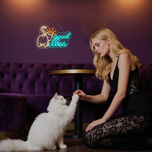 Miniatura 8 de JURONG - Letrero de neón LED para decoración de pared, luz de neón Little Kitten Good Vibes, alimentada por USB, regulable 5V2A, 14.57 x 10.24