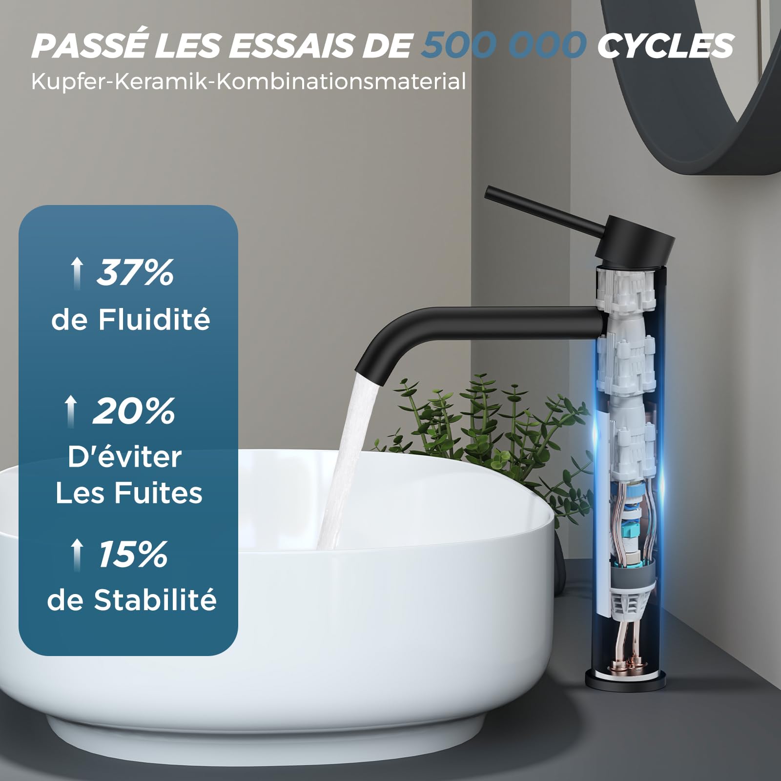 FORIOUS Robinet de Lavabo pour Salle de Bain, Mitigeur Haut en Noir avec Hauteur de Bec de 190 MM, Mitigeur à Levier Unique pour Lavabo dans la Salle de Bain, les Toilettes des Invités