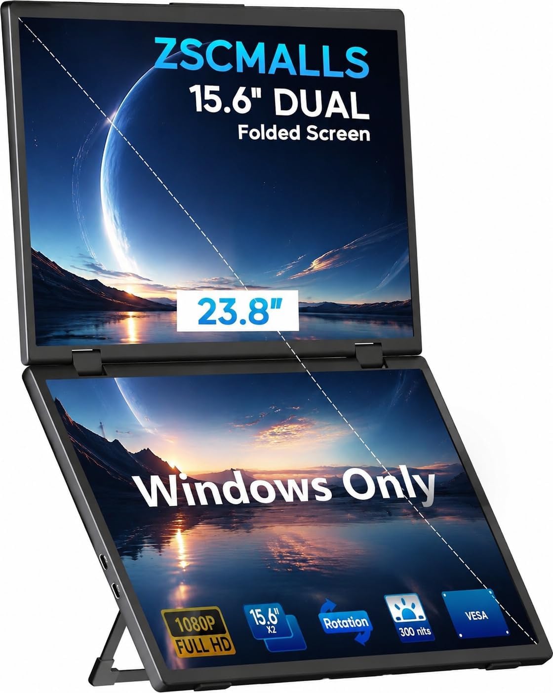 ZSCMALLS Laptop Screen Extender-15.6" Dual Portable Monitor for Laptop USB-C HDMI Stacked Folding Triple Monitor Travel Display with Kickstand VESA for Windows Mac