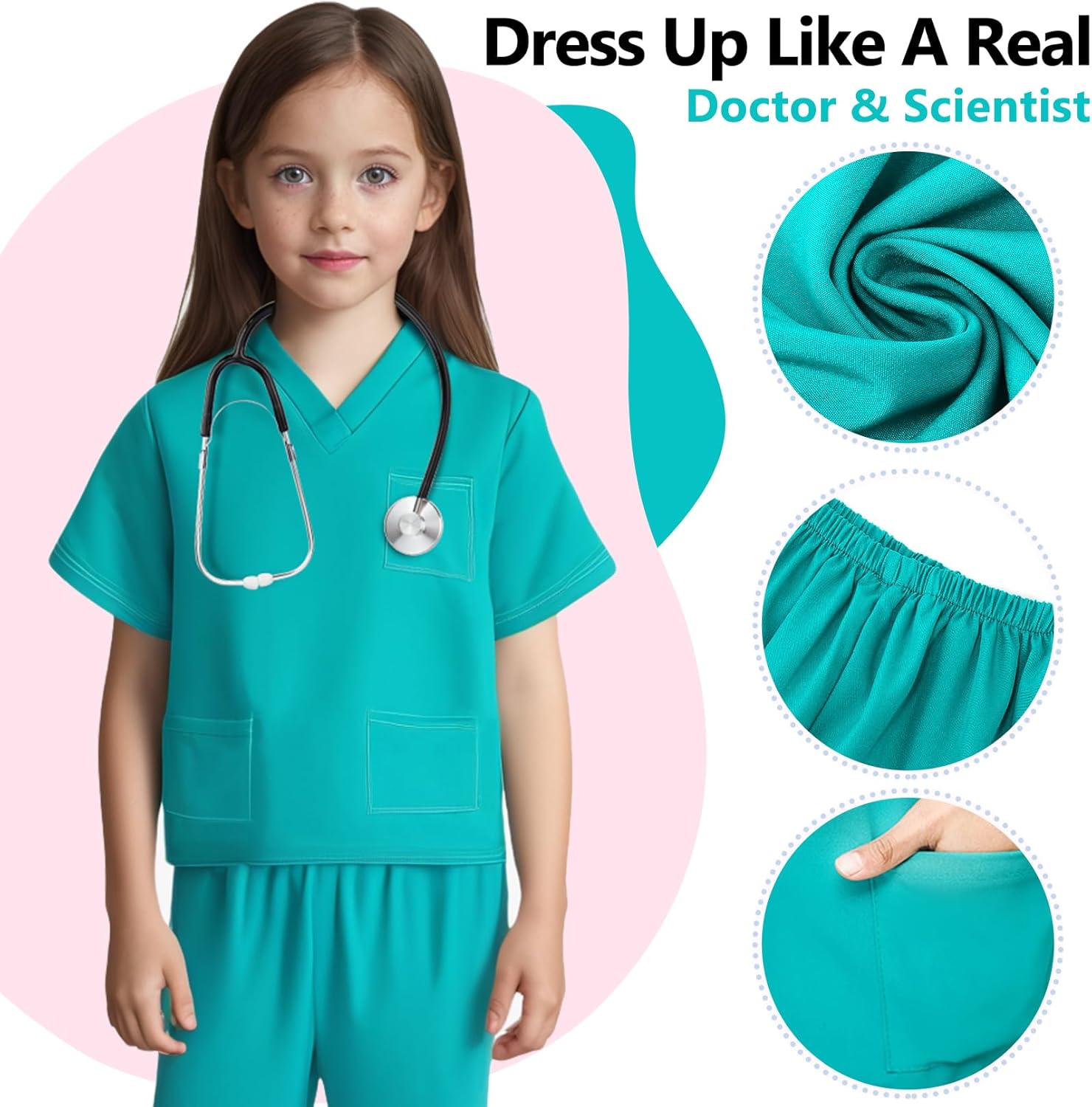 Kids Doctor Scrub Costume,Halloween Cosplay Dress up,Nurse Scrub Set Gift for Boys and Girls 3-12Years Old 6PCS - Image 2