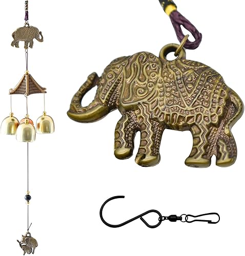 Maydahui Campana de viento retro de elefante (21 pulgadas de alto), campanas de viento vintage de cobre con gancho en forma de S para regalos de