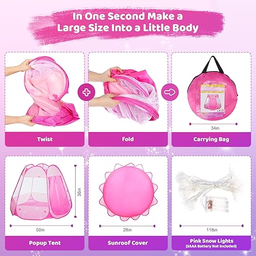 Miniatura 7 de Juguetes para niñas de 1, 2, 3 años, regalo de cumpleaños, tienda de campaña de princesa desplegable con luces de estrella para bebés de 6, 12, 18