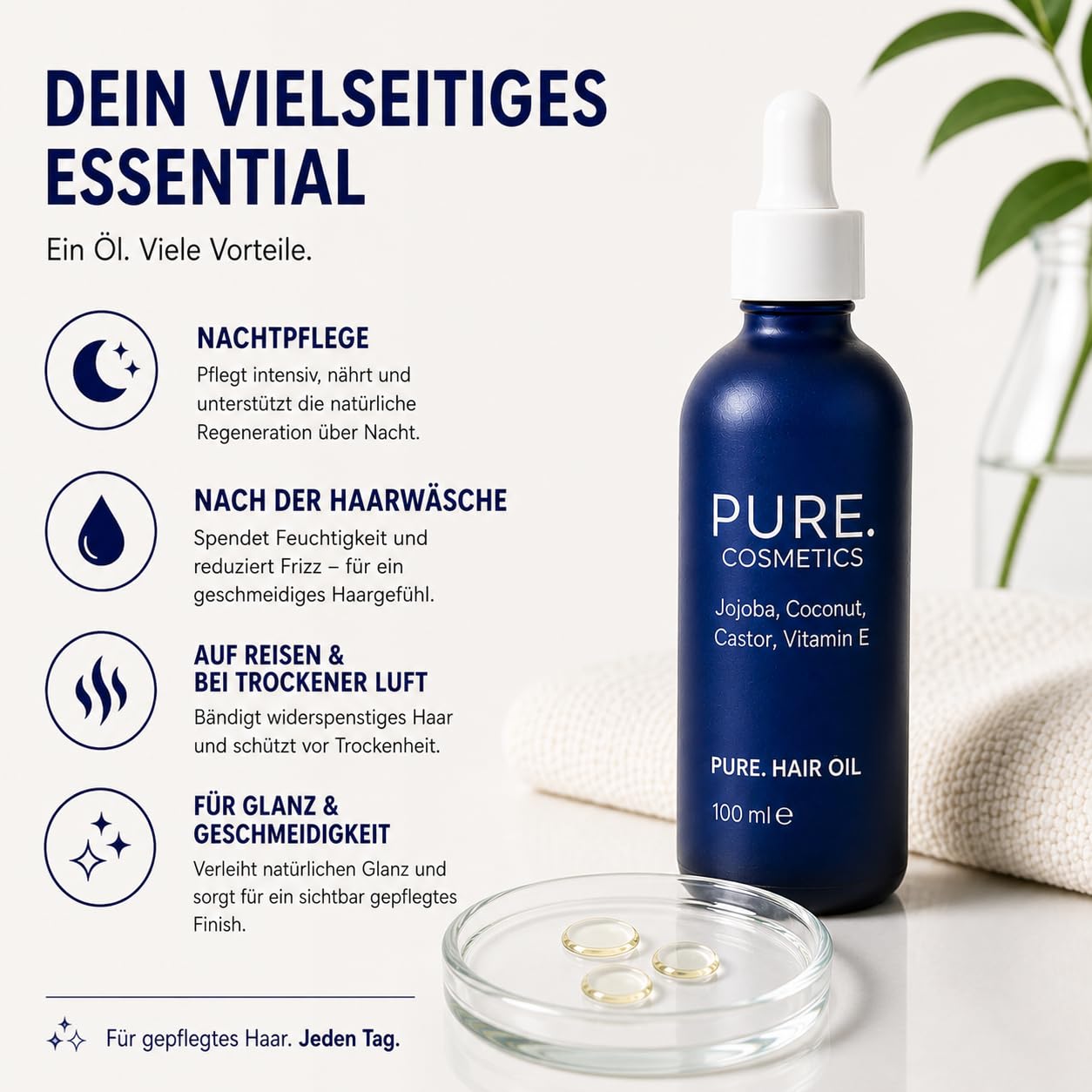 PURE. Kopfhaut- & Haaröl – Nährende Mischung mit Rizinusöl, Jojoba, Kokosöl & Vitamin E – Intensive Pflege für trockenes Haar & trockene Kopfhaut – Für Damen & Herren – Vegan – 100 ml