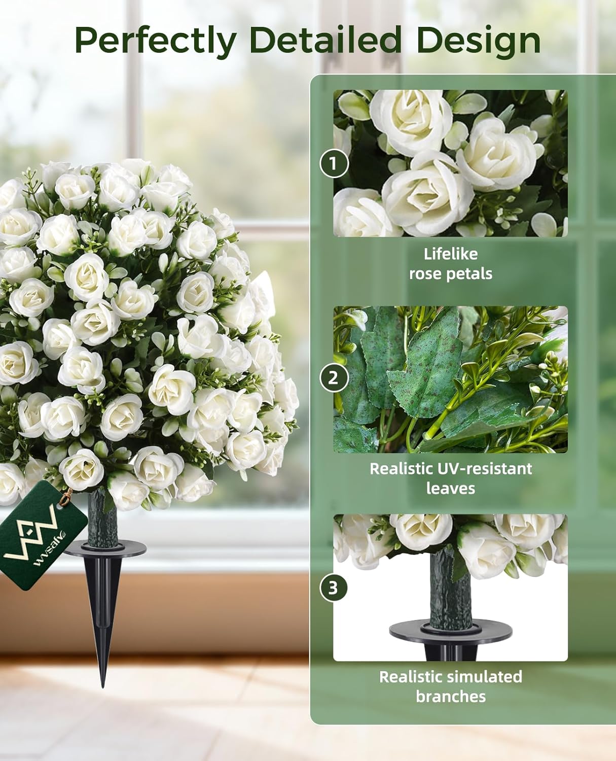 24’’ White Rose Topiary Ball Tree, Faux Plants Outdoor Rose Bush, Fake Evergreen Potted Plants Artificial Decor for Garden, Front Porch, Living Room, Balcony Decor