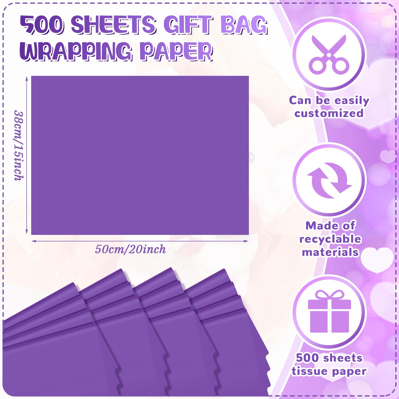 Qilery Lot de 500 feuilles de papier de soie sans acide pour cadeaux, loisirs créatifs, décoration de fête, mariage, fête prénatale (violet) - 38,1 x 50,8 cm
