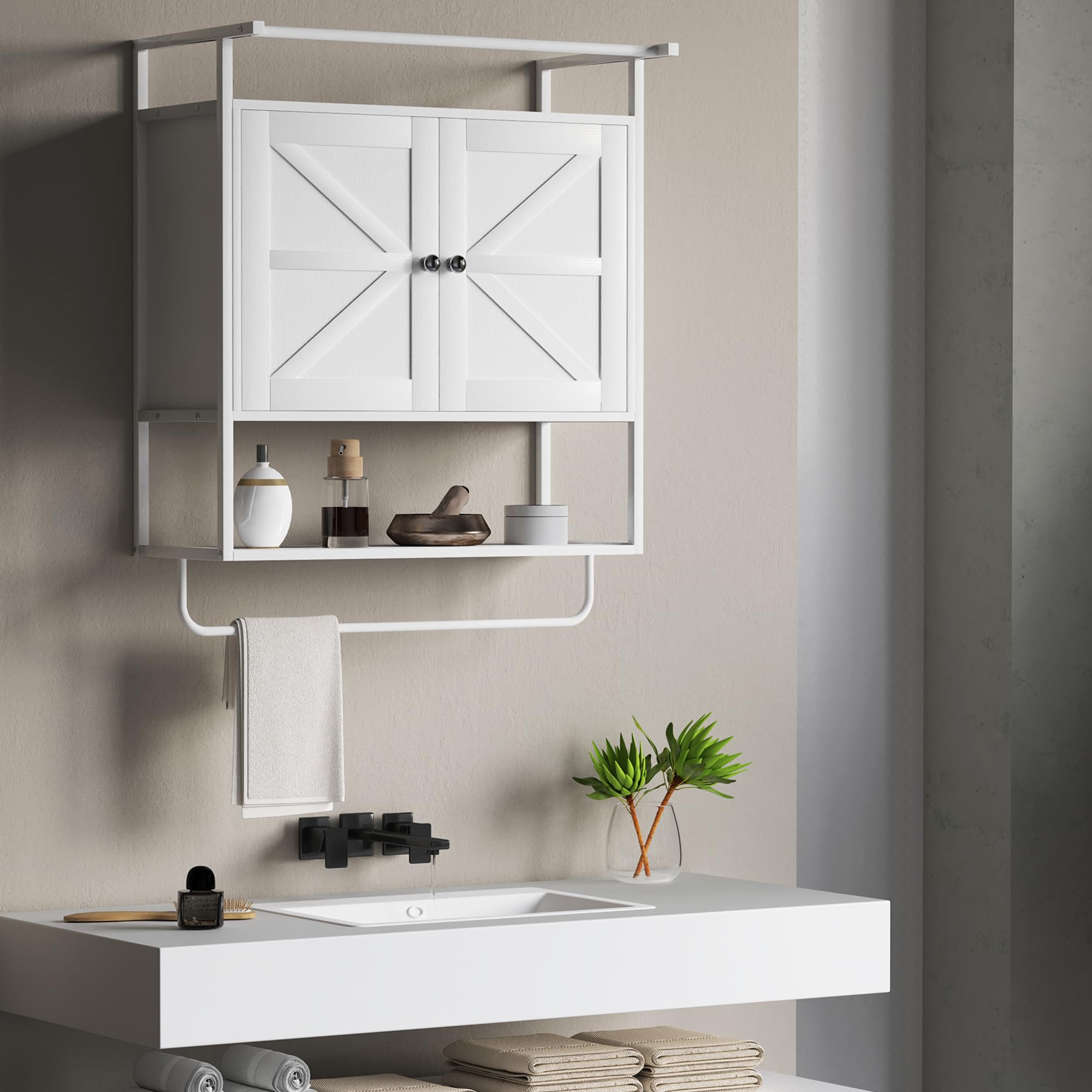 HOMCOM Armario de Pared para Baño Multiusos Armario Colgante de Almacenamiento Mueble de Baño Suspendido con Estante Toallero 2 Puertas 63x34x75 cm Blanco