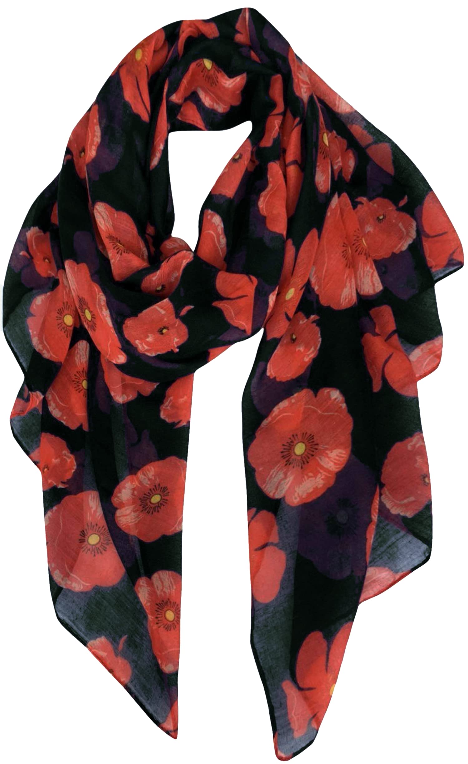 World Of Shawls Women's Black Poppy Flower New Celebrity Style Long Scarf Scarves Maxi Sarong Sale (Black Poppy Flower)