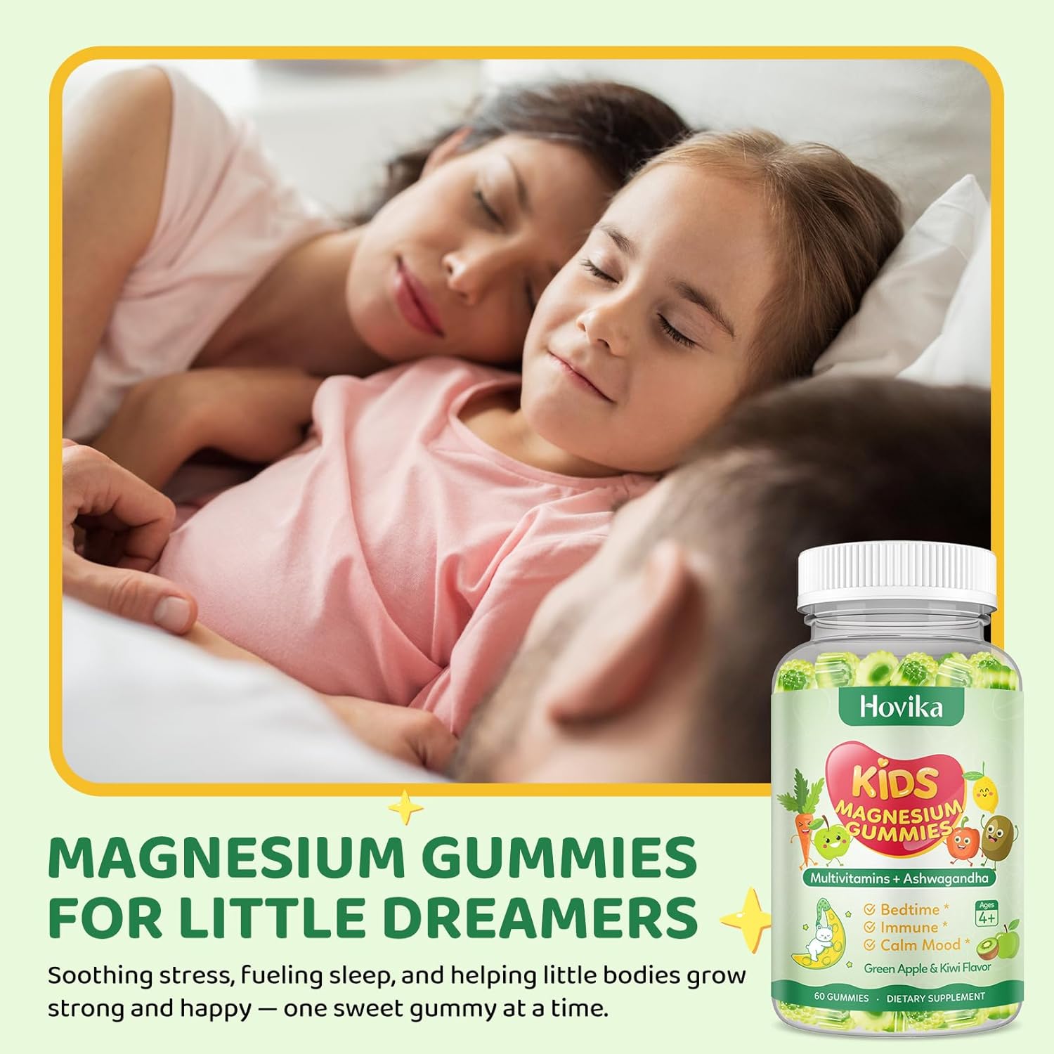 2 Pack Center-Filled Magnesium Glycinate Gummies for Kids - Magnesium Supplement Gummes with L-Theanine, Chamomile & Multivitamins for Sleep, Calm & Focus, Melatonin-Free - Green Apple & Kiwi, 60 CT