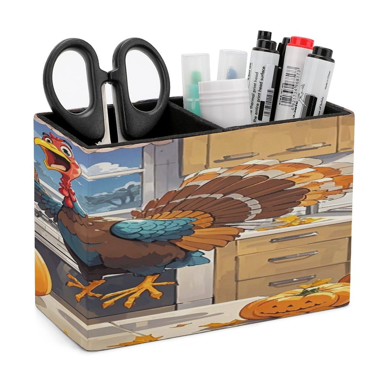 VstaDank Pumpkin And Turkey Pencil Holder for Desk Organizer 2 Compartments Pen Cup Leather Square Pen Holder Pencil Cup Stand Makeup Brush Holders for Desktop Organizer Storage Case