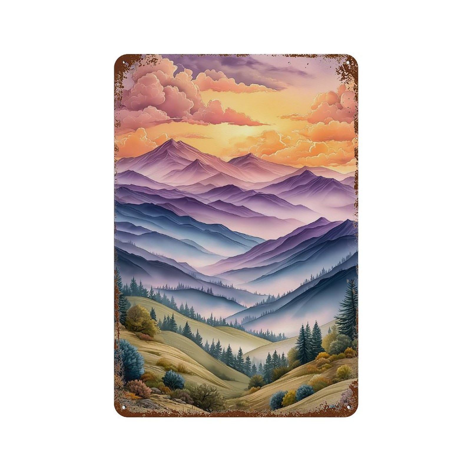 Watercolor Mountain Landscape at Sunset Aged Metal Wall Plaque 11.8"x7.9", Ideal for Patio, Garden Room And Bar Decor