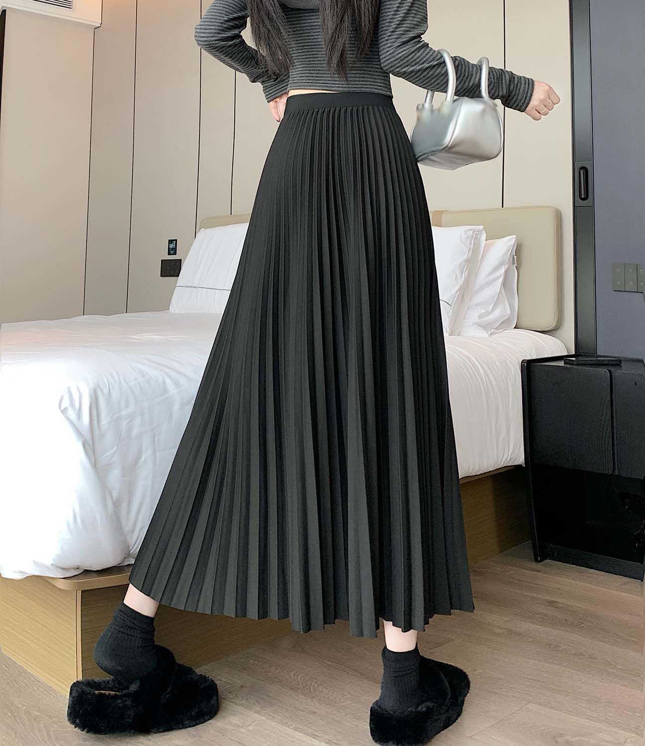Maxi gonna a pieghe da donna autunno inverno a vita alta elastica A-Line gonne lunghe per le donne alla moda caviglia taglie forti