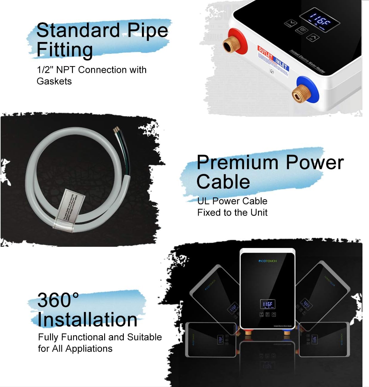 Image showing standard pipe fittings, premium power cable, and 360 degree installation concept for ECOTOUCH water heater