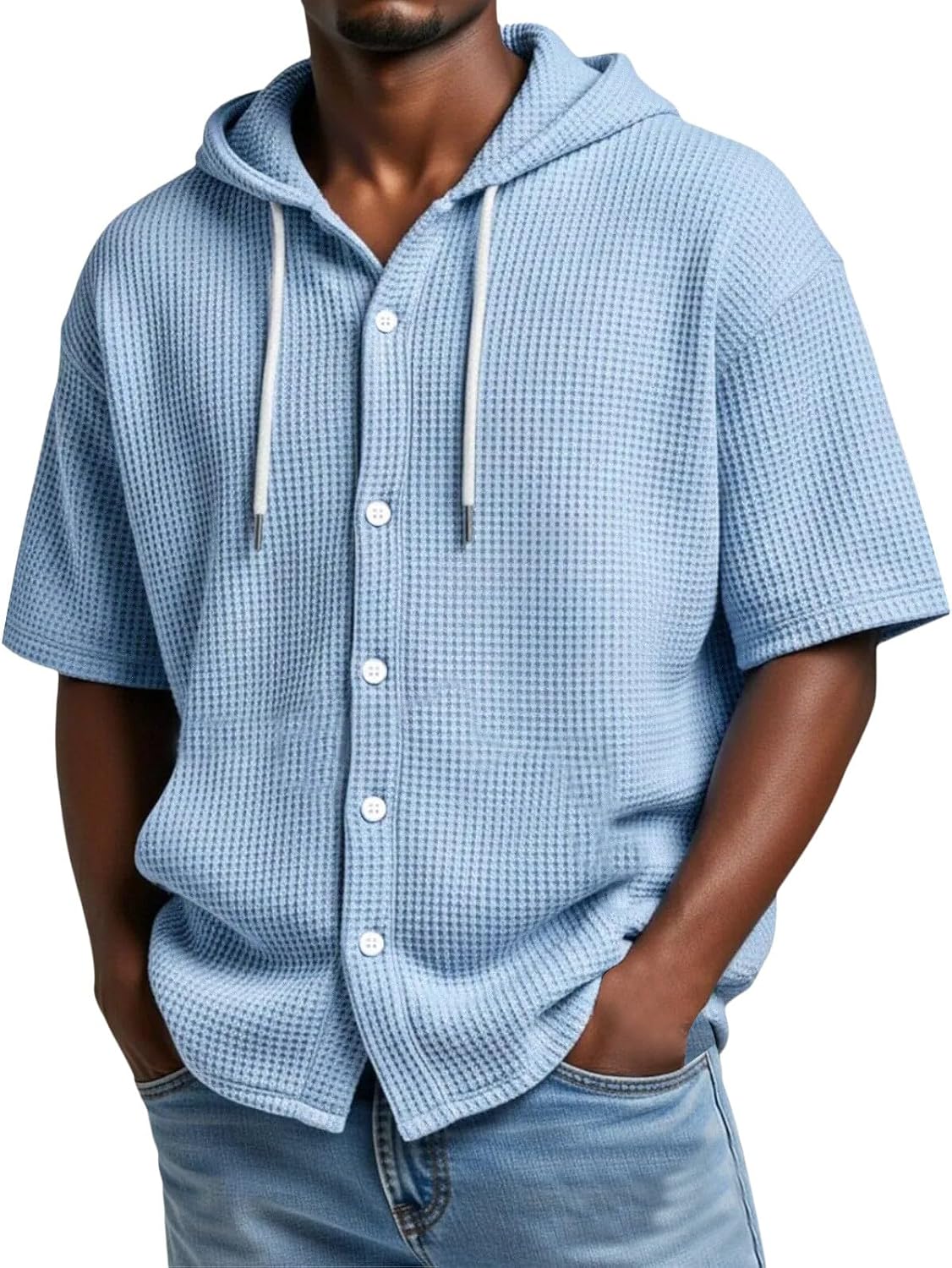 Men's Waffle Hooded Shirts Short Sleeve Classic Plain Summer Hoodie Plus Size Solid Clothes Casual Button Down Shirt
