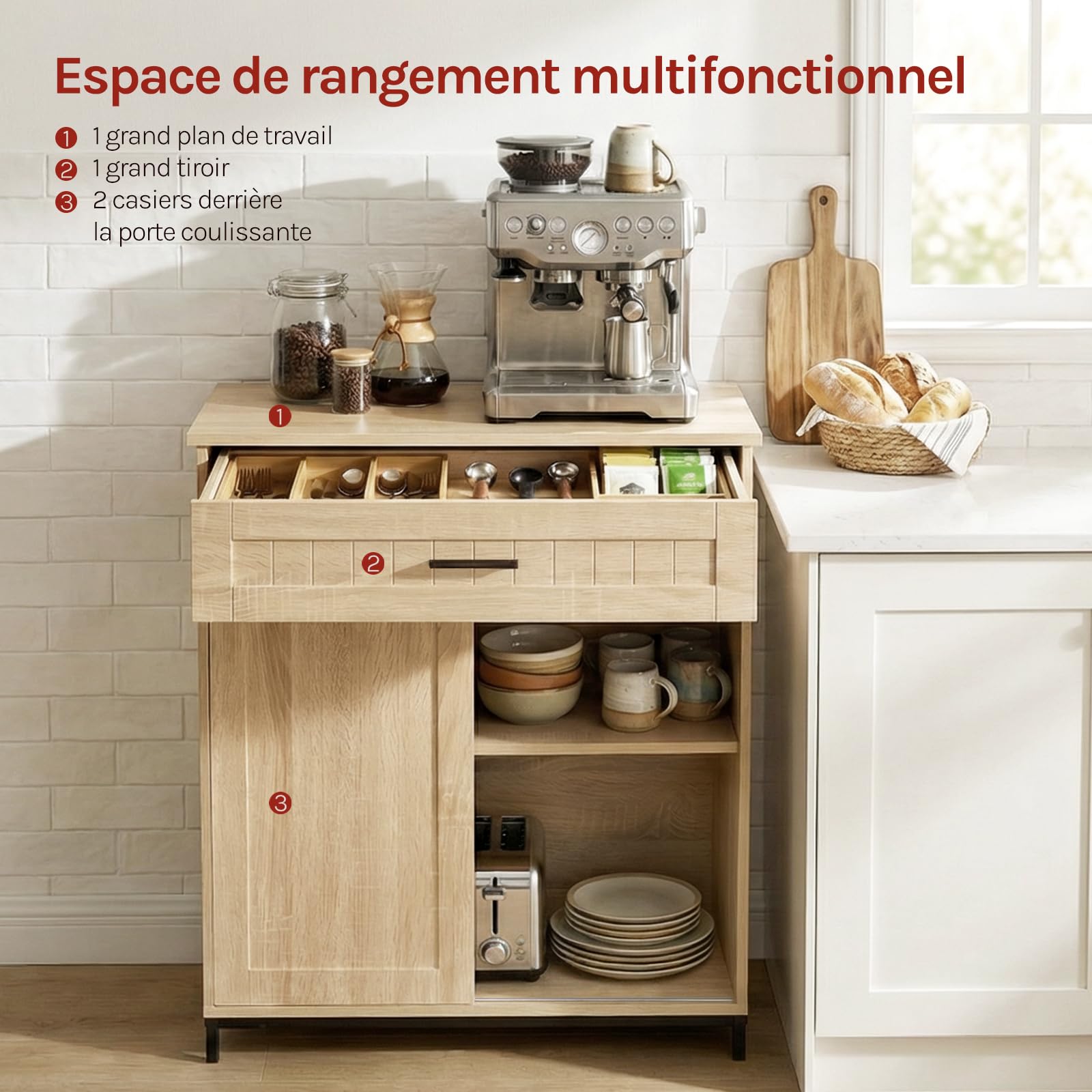 WOLTU Buffet Cuisine, Meuble Cuisine Rangement avec Tiroir, Porte Coulissante, pour Cuisine, Salle à Manger, Salon, 70x30x80,2 cm, en Bois d'Ingénierie et Métal, Chêne Clair + Noir