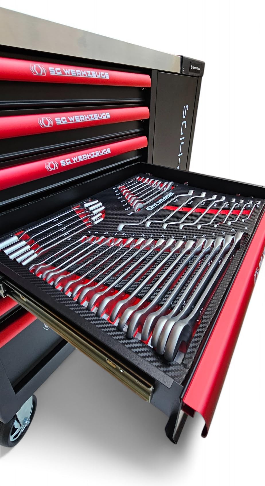 Chariot à outils XXL rempli de 7 tiroirs | Servante d'atelier de voiture avec insert aspect carbone | Boîte à outils de voiture équipée Red Black Edition
