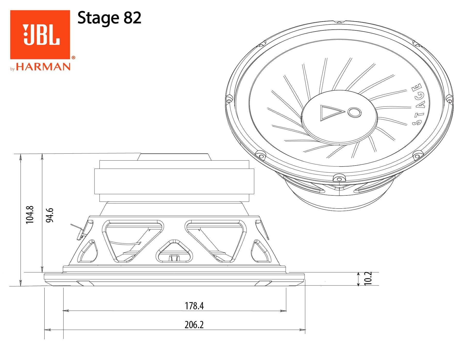 JBL Stage 82 subwoofer pasivo Coche 200 mm (8”), 200W RMS y 800W MAX, 4 Ohmios, 88 dB, Respuesta de frecuencia 38–200 Hz, Bobina de 1.5”, Profundidad Montaje 10.2 mm, Graves potentes y nítidos