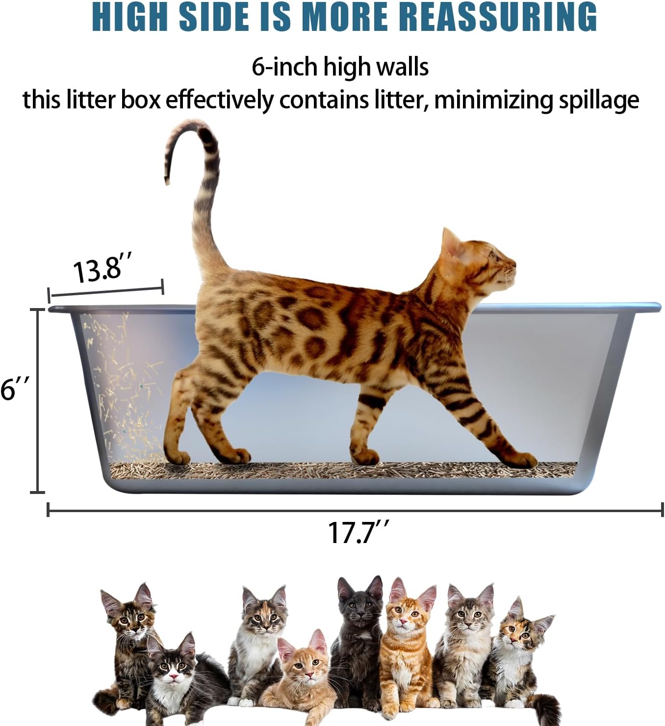 Stainless Steel Cat Litter Box, Metal High Sided Kitty Large Litter Box Pan,Non-Sticky, Easy to Clean, Pet Toilet Supplies for Kitten, Rabbit (Silver, 17.7" x13.8" x6") image 2