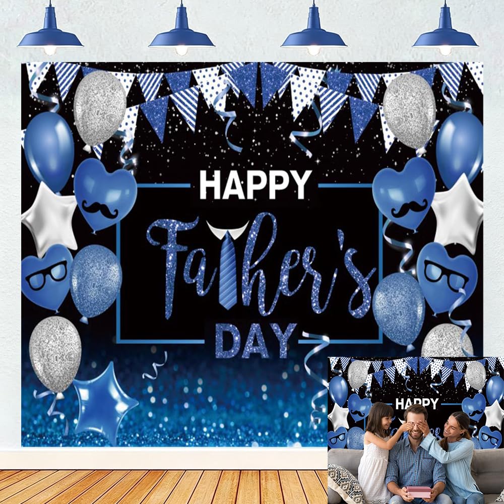 DASHAN 10x8ft Happy Fathers Day Backdrop Blue Silver Glitter Balloon Father's Day Photography Banner Backdrop, Large I Love Dad Background for Best
