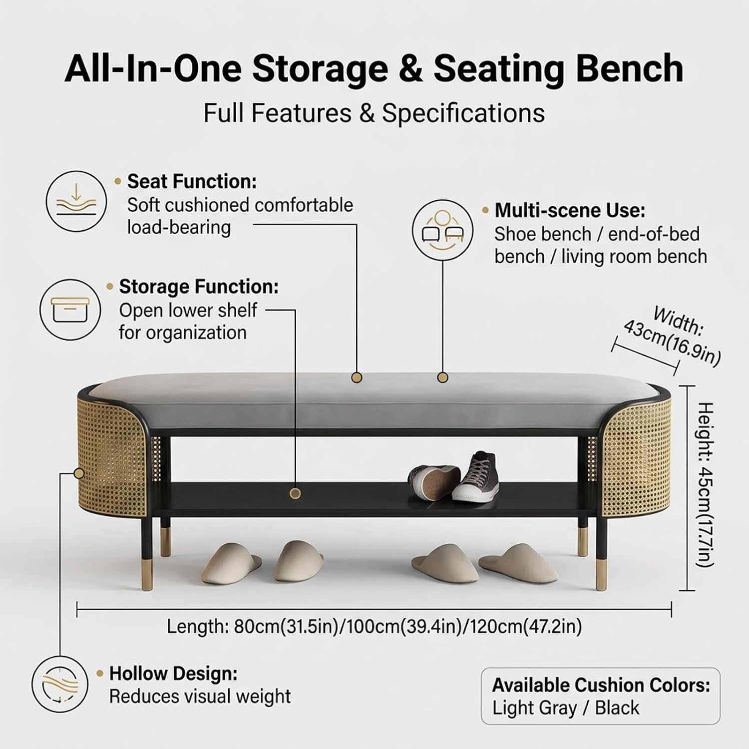 Modern Rattan Shoe Bench, Upholstered Entryway Bench with Storage Rack