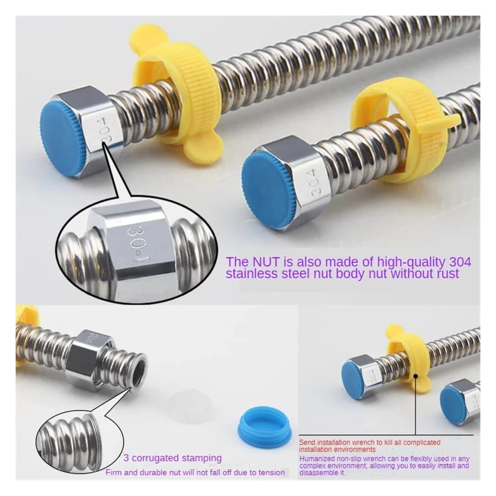 Genérico 304 Casa de acero inoxidable e inodoros agua Manguera de fontanería 1/2 ", calentador de baño conecta tuberías corrugadas con tubo de llave(300cm)