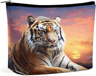 Tiger Colorful Sunset Makeup Bag Handheld Cosmetic Bags for Women Simple Make Up Pouch with Zipper Large Capacity Toiletry Pouch for Daily Life Travel Outings Friends