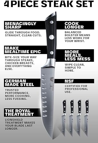 Vista 23 de Dalstrong Juego de cuchillos para carne, 4 piezas de 5 pulgadas de hoja recta, serie Gladiator, acero alemán forjado de alto carbono, con vainas