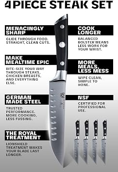Dalstrong Non Serrated Steak Knives Set of 4-5 inch Straight Blade Steak Knife Set - Sheaths - Forged German Steel - Black G10 Handle - Gladiator Series Elite - Dinner Set - NSF Cuchillos para Carne