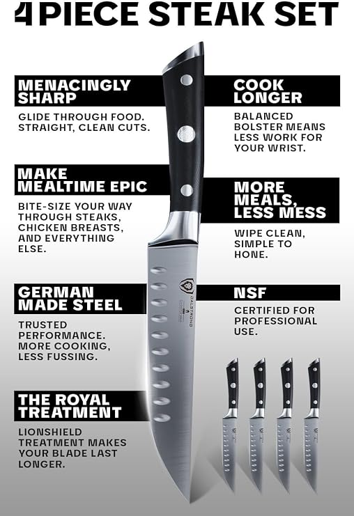 Dalstrong Non Serrated Steak Knives Set of 4-5 inch Straight Blade Steak Knife Set - Sheaths - Forged German Steel - Black G10 Handle - Gladiator Series Elite - Dinner Set - NSF Cuchillos para Carne
