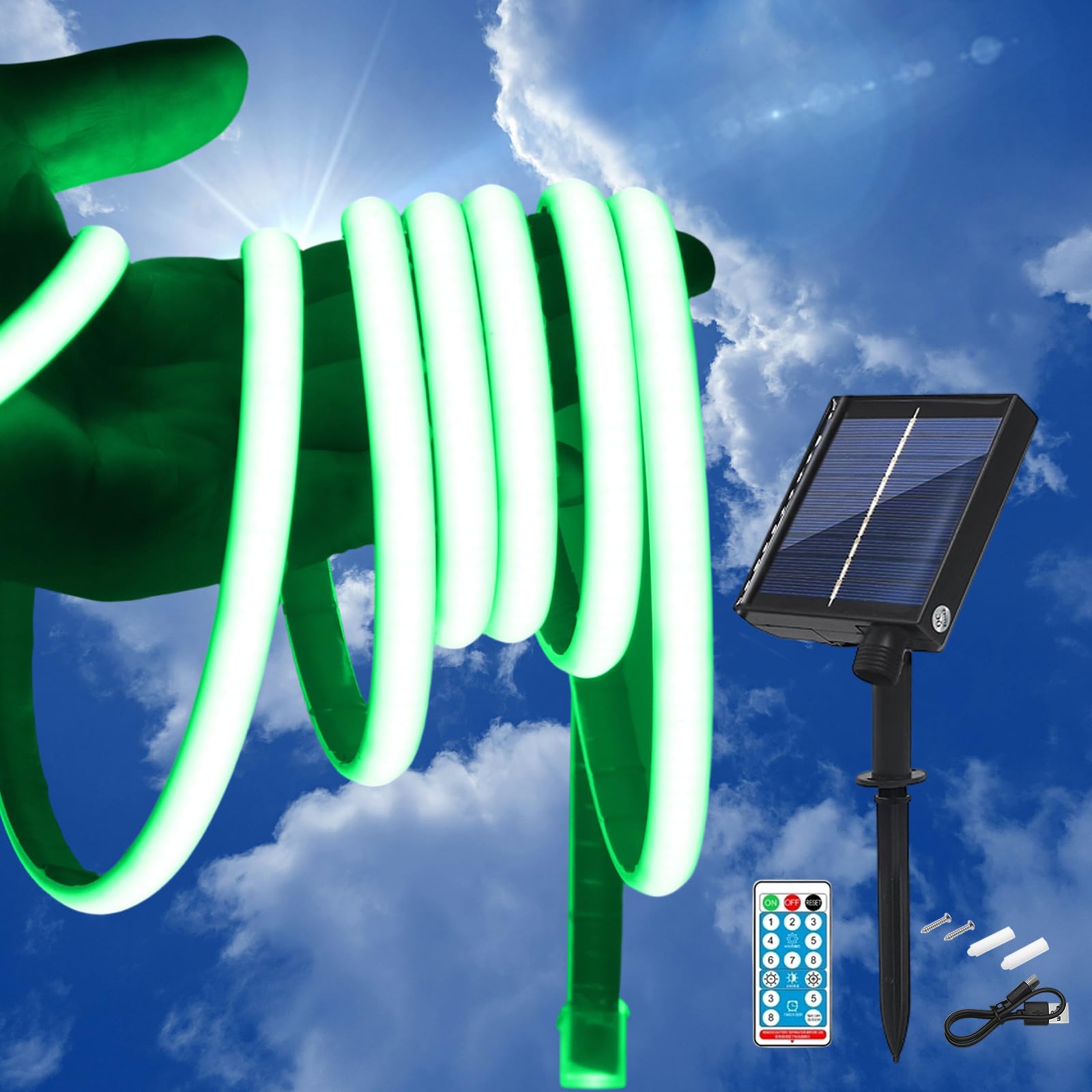 KISUFU 24V Solar LED Strip Lights Outdoor, 320 LEDs/M IP68 Waterproof Cuttable Self-Adhesive Rope Light with 1200mah 8 Modes Battery Box Remote Control for Porch Gazebo Yard Trees Garden Decor.