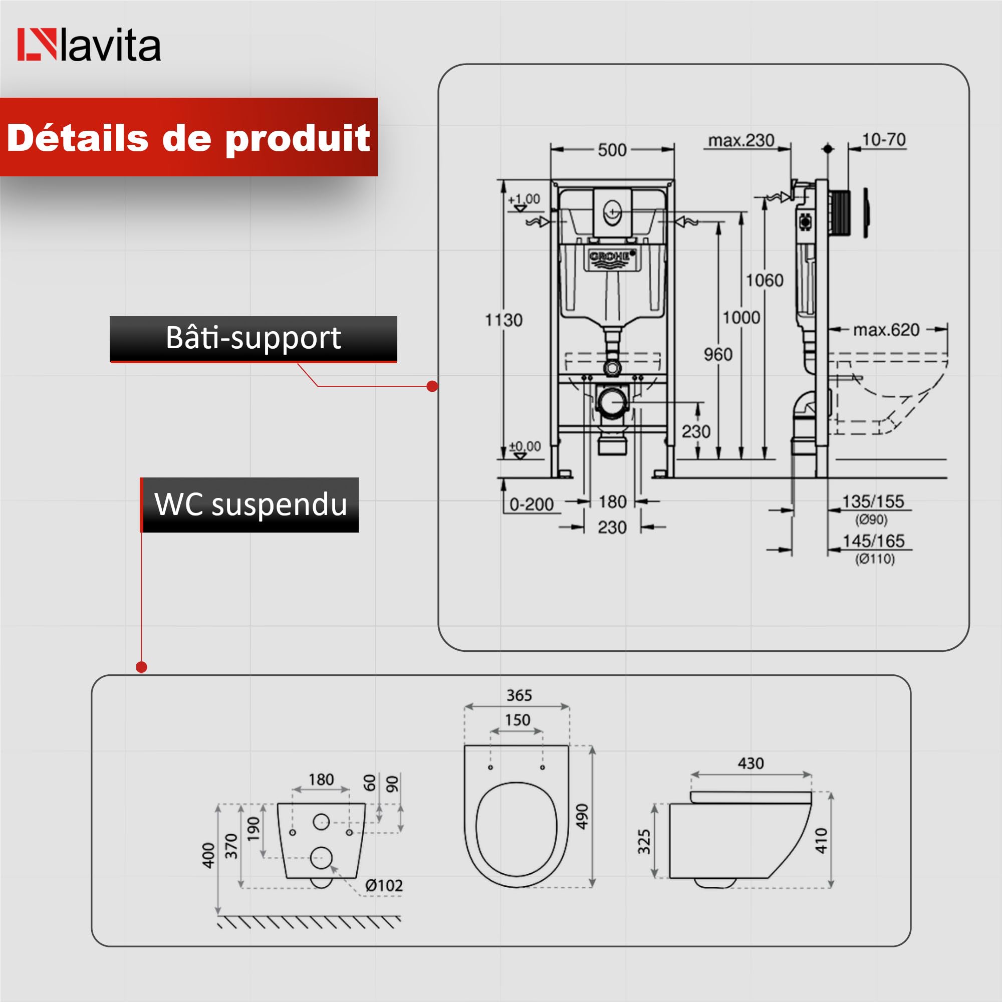 Grohe Rapid SL Élément mural de WC avec plaque de déclenchement + WC mural Lavita sans système de chasse d’eau + abattant WC avec système d'abaissement automatique Soft-Close