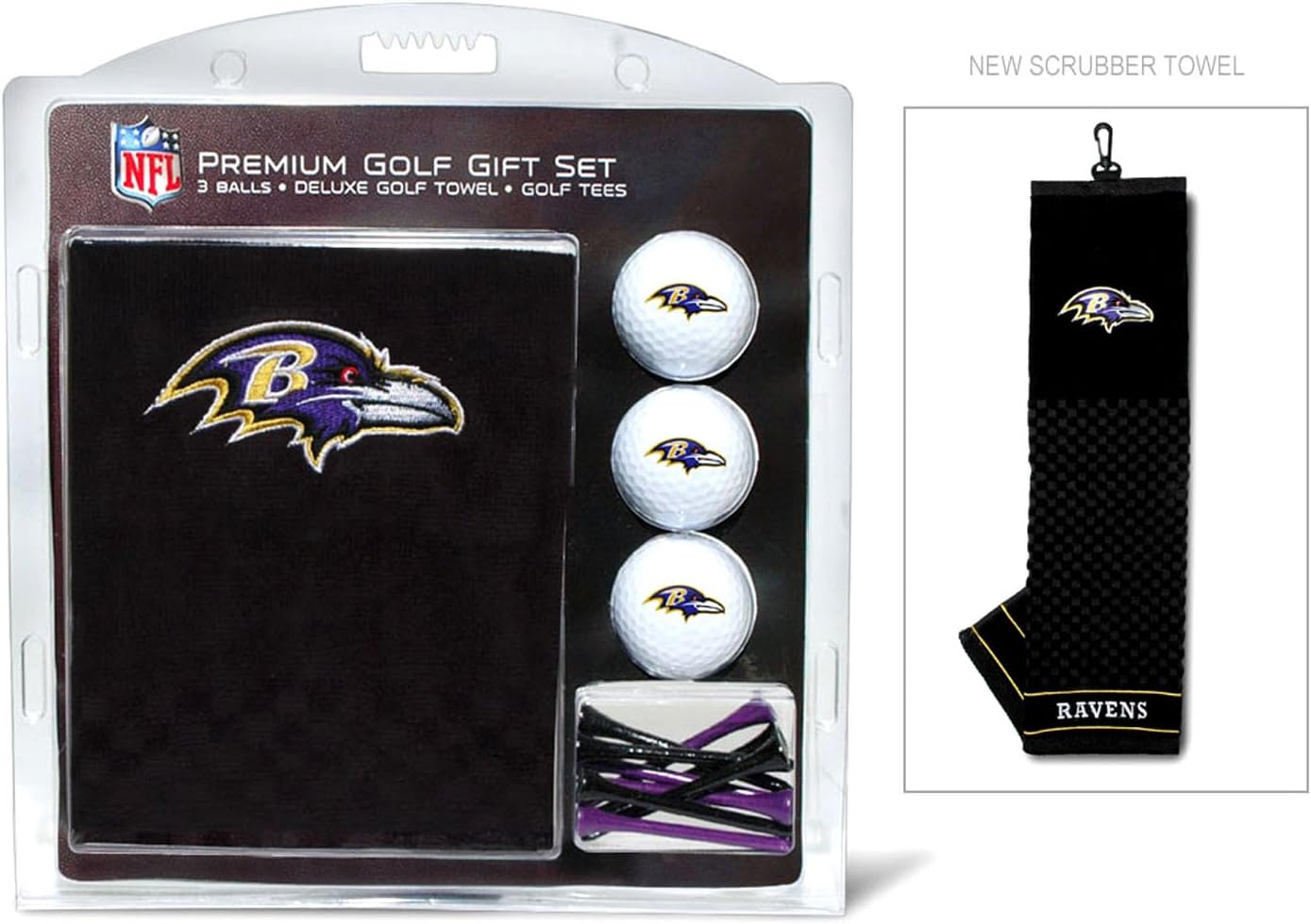Team Golf NFL Baltimore Ravens Gift Set: Embroidered Golf Towel, 3 Golf Balls, and 14 Golf Tees 2-3/4" Regulation, Tri-Fold Towel 16" x 22" & 100% Cotton