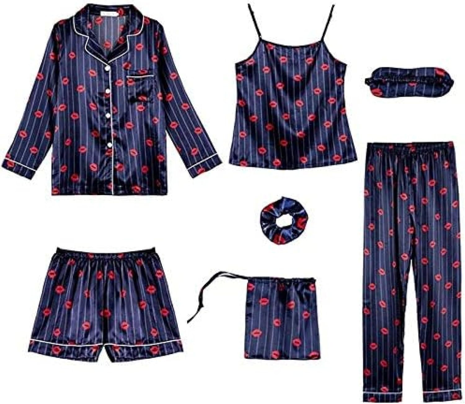 フェイクシルクステインパジャマセット 7 ピースセクシーなスリングとショーツ甘いイチゴプリント長袖パジャマホームウェア,01,L