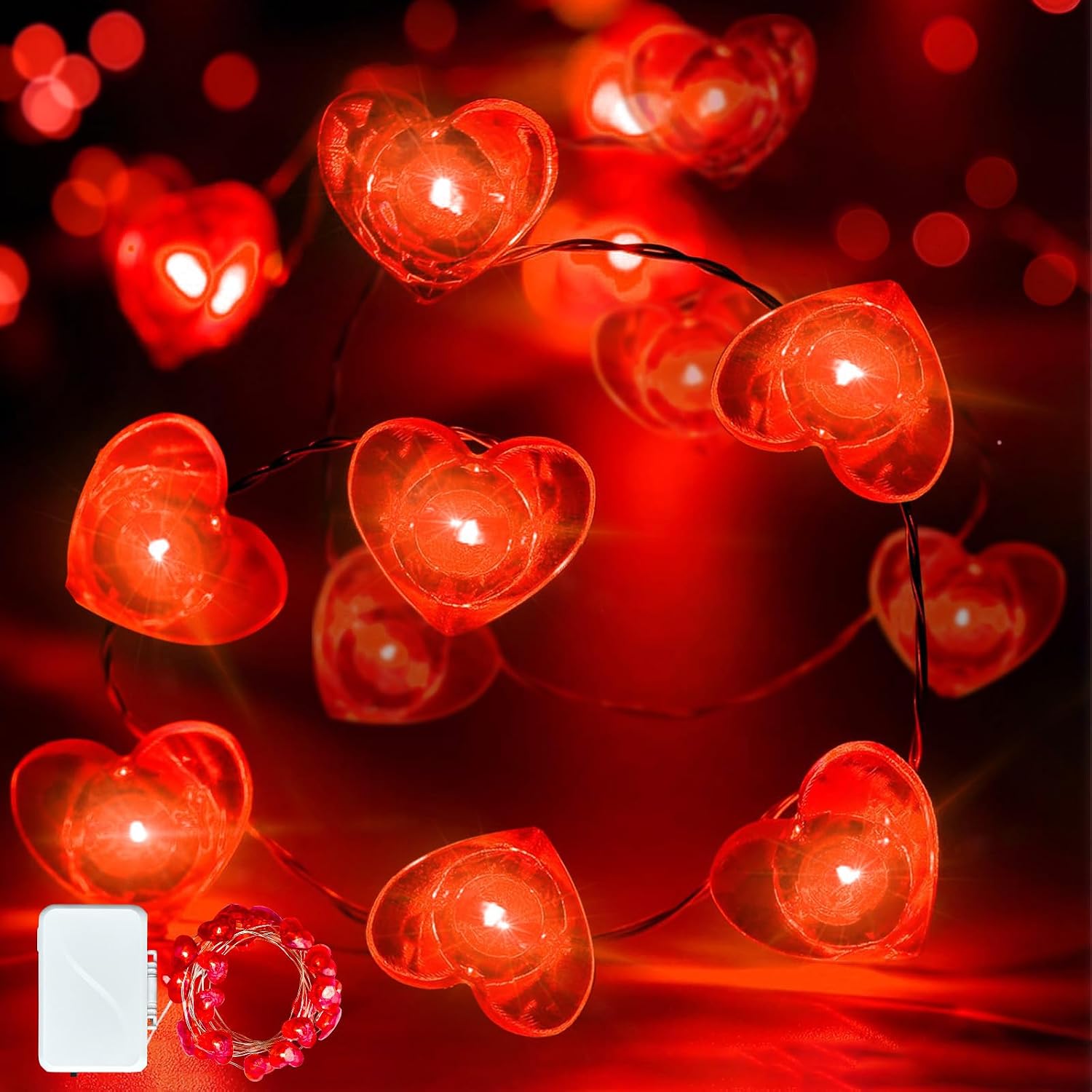 ZGWJ Valentines LED Fairy Lights, 1 Pack 50LED 16FT Red Heart String Lights Battery Operated,Waterproof Valentines Lights for Wedding Party,Mother's Day Decor Indoor Outdoor Decoration