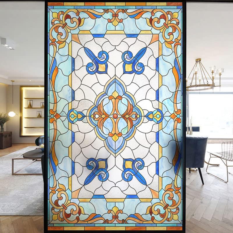 European Church Windows Film Privacy Stained Glass Window Stickers Static Cling Decorative Frosted Window Films UV Blocking Muted Colors Window Coverings (E,40x60cm WxH)